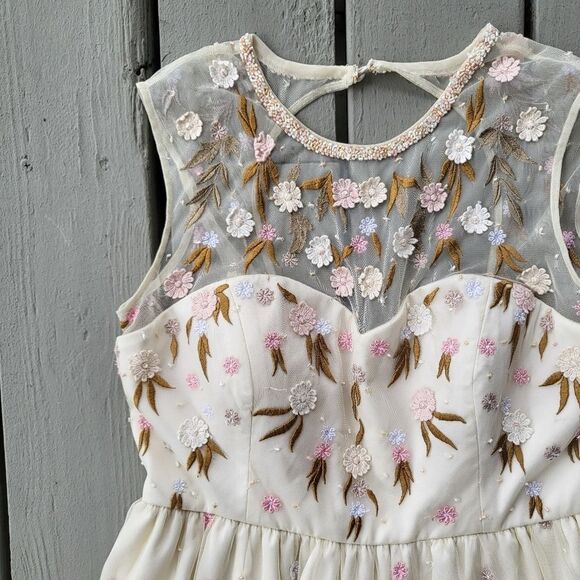 ModCloth The Simple‎ Truth Cream Pink Embroidered Tulle Maxi Dress Size L - Picture 7 of 10